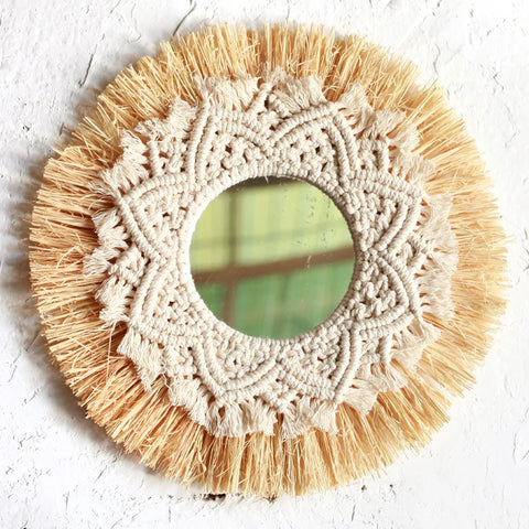 Boho Home Decoration Straw Hand-woven Mirror Wall Decoration Home Decoration Mirrors Bedroom  Macrame Wall Hanging - Ewkiki