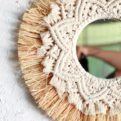Boho Home Decoration Straw Hand-woven Mirror Wall Decoration Home Decoration Mirrors Bedroom  Macrame Wall Hanging - Ewkiki