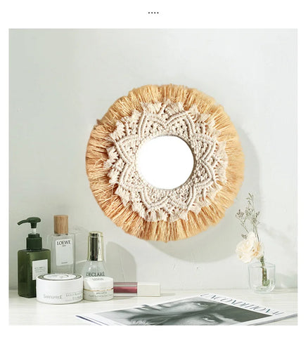 Boho Home Decoration Straw Hand-woven Mirror Wall Decoration Home Decoration Mirrors Bedroom  Macrame Wall Hanging - Ewkiki