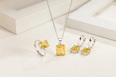 925 Sterling Silver Elegant Jewelry Sets Ring Earrings Necklace For Women Rectangle Geometry Zircon Wedding Accessories Ewkiki