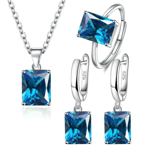 925 Sterling Silver Elegant Jewelry Sets Ring Earrings Necklace For Women Rectangle Geometry Zircon Wedding Accessories Ewkiki