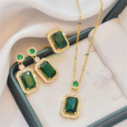 Classic Women's Three-piece Jewelry Set Statement Emerald Ring Fashion Green Zircon Ring Earring Necklace Wedding Jewelry Sets Ewkiki