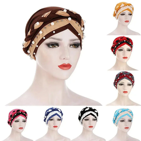 Indian Muslim Women Two Color Hijab Milk Silk Chemical Hat Braided Bead Hijab Islamic Hijab Ladies Bicolor Pearl Baotou Cap Ewkiki
