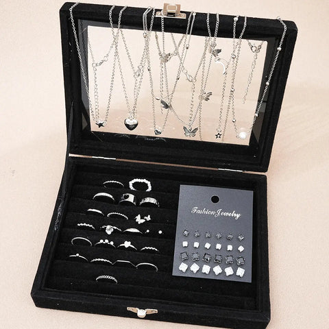 51 Pcs/Set Silver Color Chic Jewelry Set For Women Fashion Butterfly Heart Pearl Necklaces, Earrings, Rings, Match Daily Outfits Ewkiki