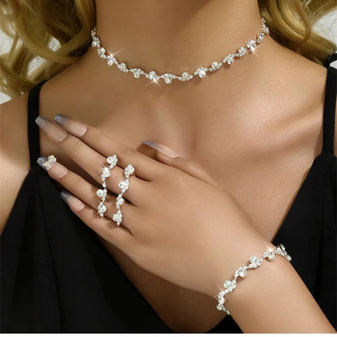 New Fashion Wedding Jewelry Sets Crystal Decoration Choker Necklace Earrings Bracelet Sets Shining Bridal Jewelry Set Ewkiki