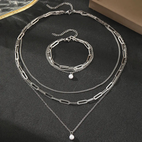 Stainless Steel Jewelry Set Elegant Delicate Pearl Pendant Jewelry Set Luxury Multi-Layer Chain Jewelry Set For Women Jewelry Ewkiki