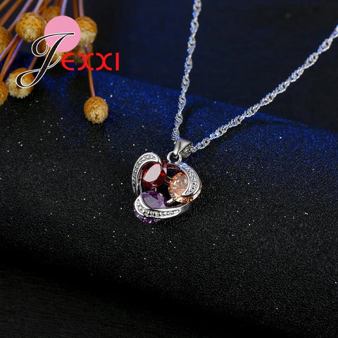 Colorful Crystal Jewelry Set for Female Girls 925 Sterling Silver Pendant Necklaces Earrings Set Women Wedding Accessorie Ewkiki