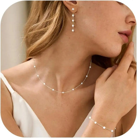 Gold Jewelry Set for Women, Dainty 14K Gold/Silver Plated Pearl Necklace and Earring Set with Drop Earrings Bracelets Necklace Ewkiki