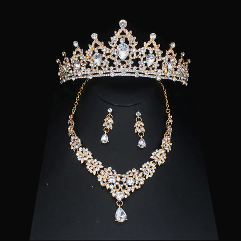 Luxury Bridal Jewelry Sets Women/Girl Gold Color Tiara/Crown Earrings Choker Necklace Bride Jewelry Set Ewkiki