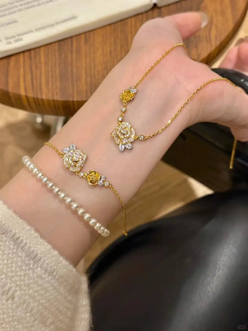 Romantic Sparkling Yellow Rose flower jewelry sets Luxury Exquisite Wedding Engagement inlay Diamond Bracelet Necklace Ring Ewkiki