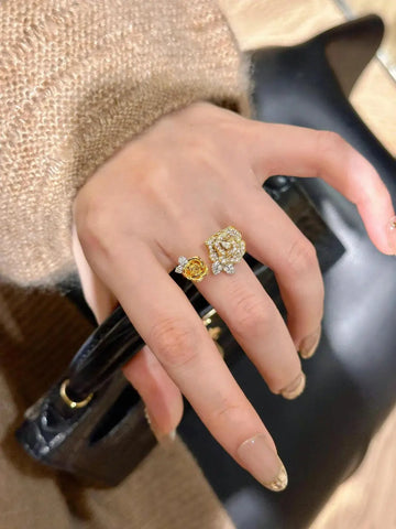 Romantic Sparkling Yellow Rose flower jewelry sets Luxury Exquisite Wedding Engagement inlay Diamond Bracelet Necklace Ring Ewkiki