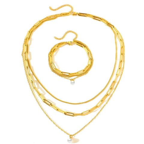 Stainless Steel Jewelry Set Elegant Delicate Pearl Pendant Jewelry Set Luxury Multi-Layer Chain Jewelry Set For Women Jewelry Ewkiki