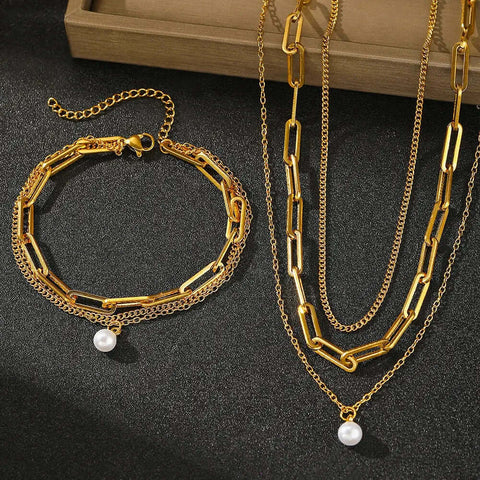 Stainless Steel Jewelry Set Elegant Delicate Pearl Pendant Jewelry Set Luxury Multi-Layer Chain Jewelry Set For Women Jewelry Ewkiki
