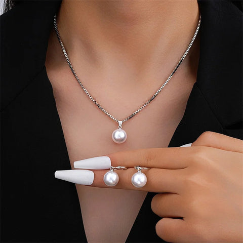 3 Pcs Round Pearl Jewelry Set Of Earring Pendant Necklace For Women Exquisite Fashion Rhinestone Double Wedding Jewelry Set Gift Ewkiki