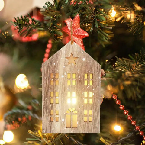 Christmas Wooden House Decor Christmas Led Light Wooden House Decorations Tabletop Hangable Ornaments Christmas Party Supplies Ewkiki