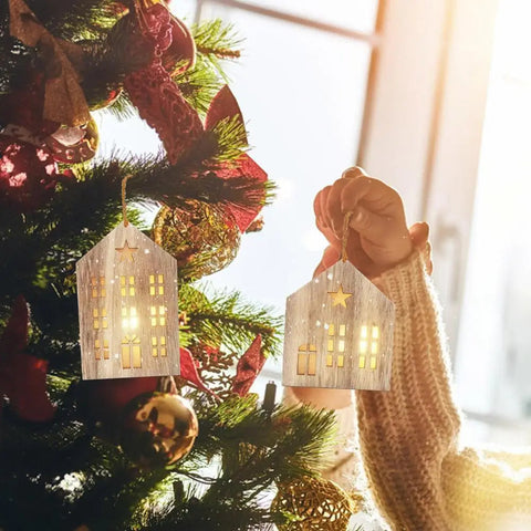 Christmas Wooden House Decor Christmas Led Light Wooden House Decorations Tabletop Hangable Ornaments Christmas Party Supplies Ewkiki