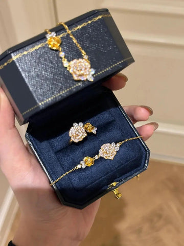 Romantic Sparkling Yellow Rose flower jewelry sets Luxury Exquisite Wedding Engagement inlay Diamond Bracelet Necklace Ring Ewkiki