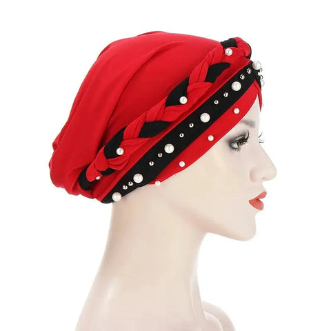 Indian Muslim Women Two Color Hijab Milk Silk Chemical Hat Braided Bead Hijab Islamic Hijab Ladies Bicolor Pearl Baotou Cap Ewkiki