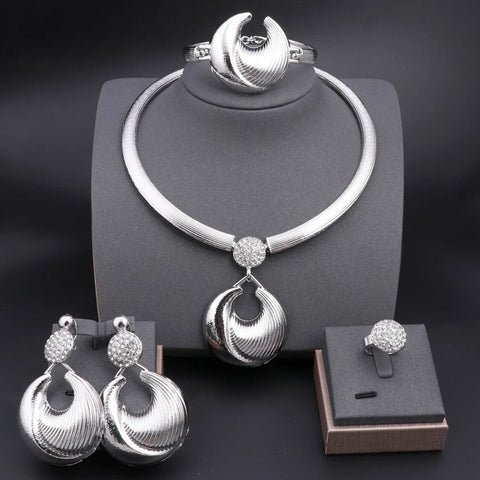 Dubai Jewelry Set For Women Silver Plated Luxury Necklace Earrings Bracelet And Ring Set Jewelry For Wedding Party Trending ﻿ Ewkiki
