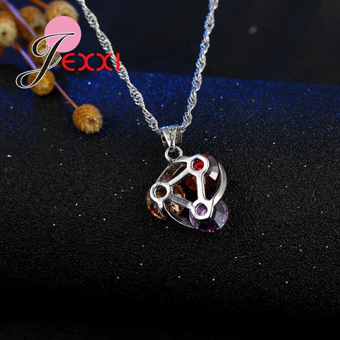 Colorful Crystal Jewelry Set for Female Girls 925 Sterling Silver Pendant Necklaces Earrings Set Women Wedding Accessorie Ewkiki