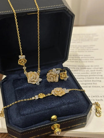 Romantic Sparkling Yellow Rose flower jewelry sets Luxury Exquisite Wedding Engagement inlay Diamond Bracelet Necklace Ring Ewkiki