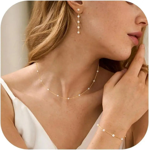 Gold Jewelry Set for Women, Dainty 14K Gold/Silver Plated Pearl Necklace and Earring Set with Drop Earrings Bracelets Necklace Ewkiki
