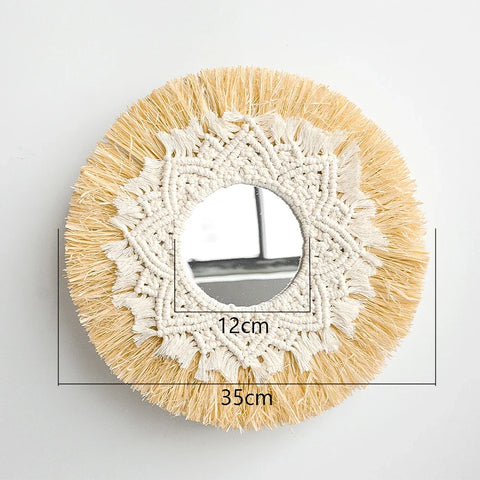 Boho Home Decoration Straw Hand-woven Mirror Wall Decoration Home Decoration Mirrors Bedroom  Macrame Wall Hanging - Ewkiki