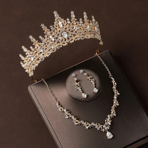 Bridal Wedding Jewelry 4-piece Set, Alloy Crystal Crown&Crystal Necklace&Earrings Women's Classic Wedding Tiaras Ewkiki