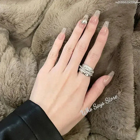 Korea New Fashion Jewelry Exquisite Silver Color Zircon Ring Elegant Women's Opening Adjustable Wedding Gift Luxury Accessory Ewkiki