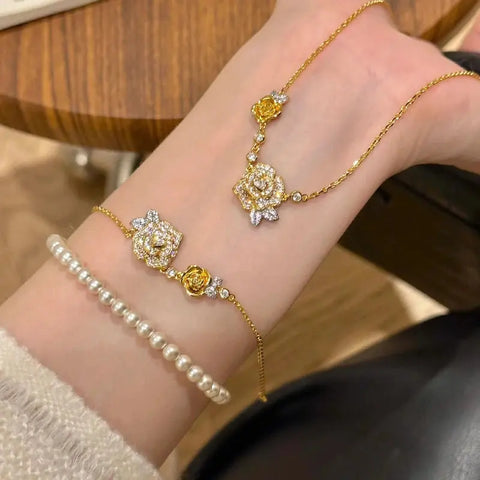 Romantic Sparkling Yellow Rose flower jewelry sets Luxury Exquisite Wedding Engagement inlay Diamond Bracelet Necklace Ring Ewkiki