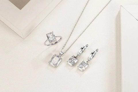 925 Sterling Silver Elegant Jewelry Sets Ring Earrings Necklace For Women Rectangle Geometry Zircon Wedding Accessories Ewkiki