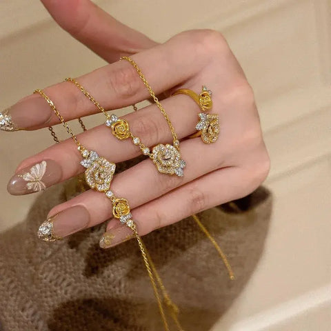 Romantic Sparkling Yellow Rose flower jewelry sets Luxury Exquisite Wedding Engagement inlay Diamond Bracelet Necklace Ring Ewkiki