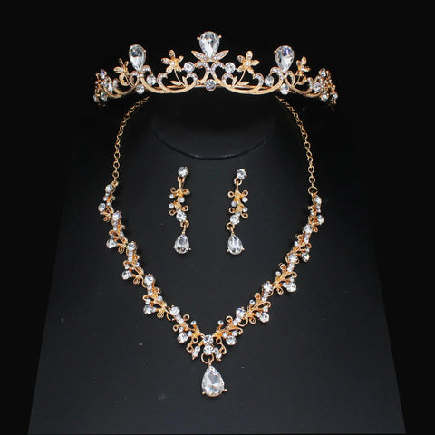 Luxury Bridal Jewelry Sets Women/Girl Gold Color Tiara/Crown Earrings Choker Necklace Bride Jewelry Set Ewkiki