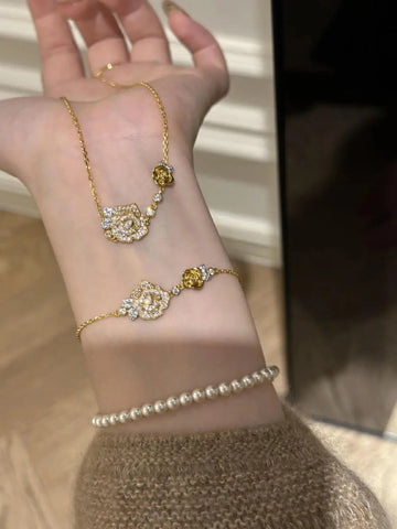 Romantic Sparkling Yellow Rose flower jewelry sets Luxury Exquisite Wedding Engagement inlay Diamond Bracelet Necklace Ring Ewkiki