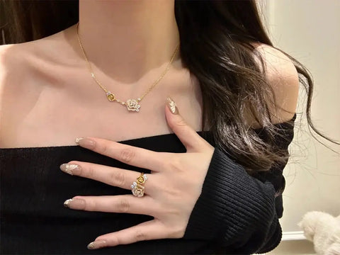 Romantic Sparkling Yellow Rose flower jewelry sets Luxury Exquisite Wedding Engagement inlay Diamond Bracelet Necklace Ring Ewkiki
