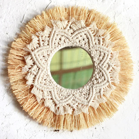 Boho Home Decoration Straw Hand-woven Mirror Wall Decoration Home Decoration Mirrors Bedroom  Macrame Wall Hanging - Ewkiki