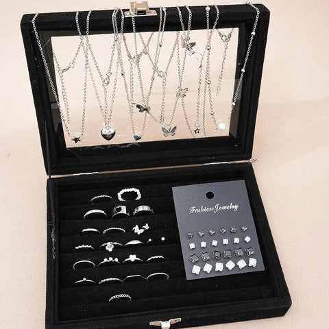 51 Pcs/Set Silver Color Chic Jewelry Set For Women Fashion Butterfly Heart Pearl Necklaces, Earrings, Rings, Match Daily Outfits Ewkiki