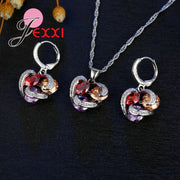 Colorful Crystal Jewelry Set for Female Girls 925 Sterling Silver Pendant Necklaces Earrings Set Women Wedding Accessorie Ewkiki