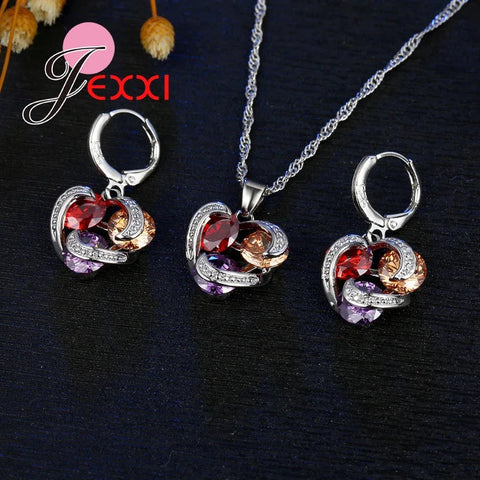 Colorful Crystal Jewelry Set for Female Girls 925 Sterling Silver Pendant Necklaces Earrings Set Women Wedding Accessorie Ewkiki