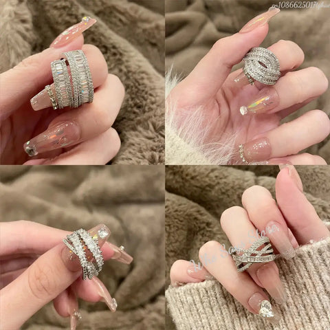 Korea New Fashion Jewelry Exquisite Silver Color Zircon Ring Elegant Women's Opening Adjustable Wedding Gift Luxury Accessory Ewkiki