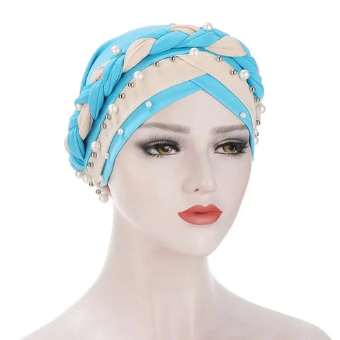 Indian Muslim Women Two Color Hijab Milk Silk Chemical Hat Braided Bead Hijab Islamic Hijab Ladies Bicolor Pearl Baotou Cap Ewkiki