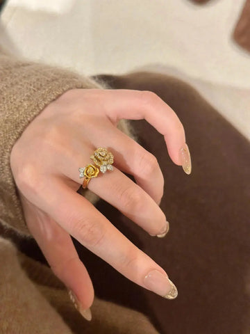 Romantic Sparkling Yellow Rose flower jewelry sets Luxury Exquisite Wedding Engagement inlay Diamond Bracelet Necklace Ring Ewkiki