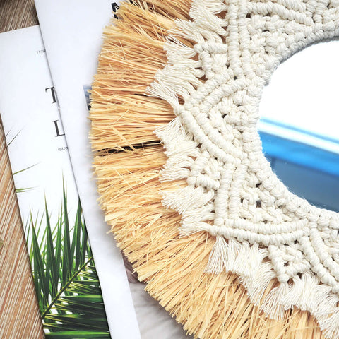 Boho Home Decoration Straw Hand-woven Mirror Wall Decoration Home Decoration Mirrors Bedroom  Macrame Wall Hanging - Ewkiki