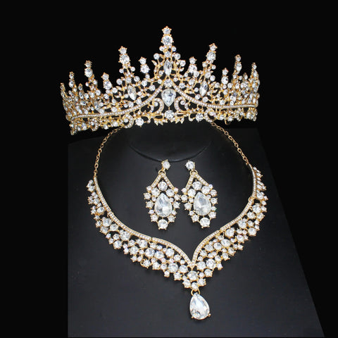 Luxury Bridal Jewelry Sets Women/Girl Gold Color Tiara/Crown Earrings Choker Necklace Bride Jewelry Set Ewkiki