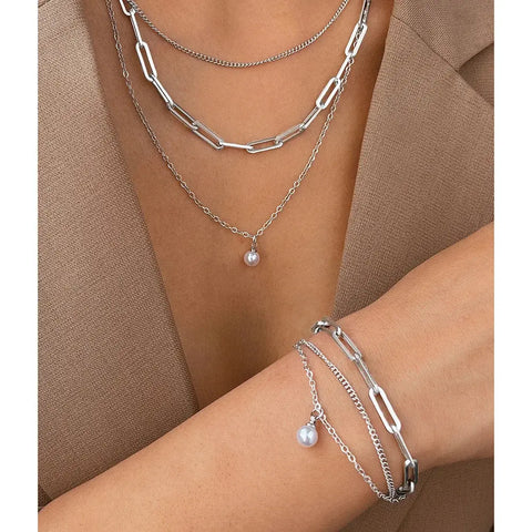Stainless Steel Jewelry Set Elegant Delicate Pearl Pendant Jewelry Set Luxury Multi-Layer Chain Jewelry Set For Women Jewelry Ewkiki