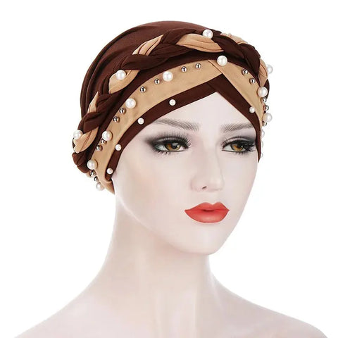Indian Muslim Women Two Color Hijab Milk Silk Chemical Hat Braided Bead Hijab Islamic Hijab Ladies Bicolor Pearl Baotou Cap Ewkiki