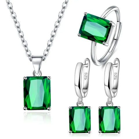 925 Sterling Silver Elegant Jewelry Sets Ring Earrings Necklace For Women Rectangle Geometry Zircon Wedding Accessories Ewkiki