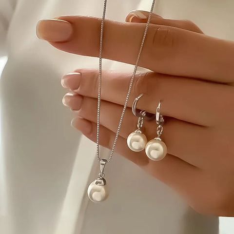 3 Pcs Round Pearl Jewelry Set Of Earring Pendant Necklace For Women Exquisite Fashion Rhinestone Double Wedding Jewelry Set Gift Ewkiki