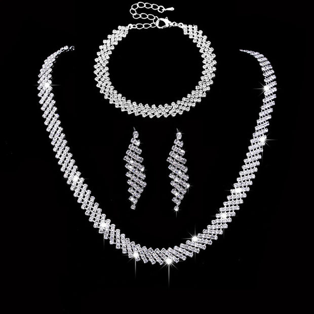 4 Bridal Jewelry Set Rhinestone Necklace Earrings Bracelet Women's Accessories Ewkiki