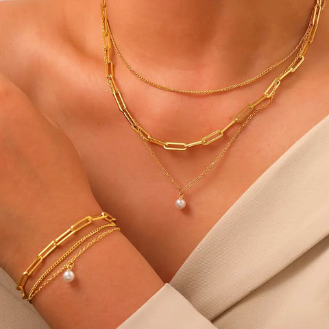 Stainless Steel Jewelry Set Elegant Delicate Pearl Pendant Jewelry Set Luxury Multi-Layer Chain Jewelry Set For Women Jewelry Ewkiki